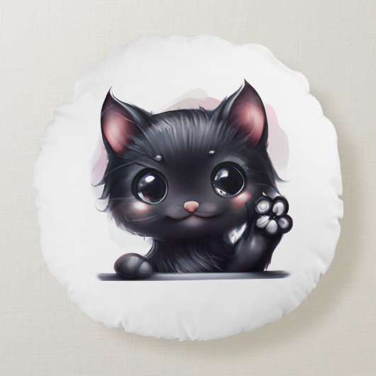 Adorable Kawaii Black Cat Rundes Kissen (Vorderseite)