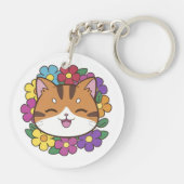 Adorable Kawaii Katzenköpfe lächeln mit floraler R Schlüsselanhänger (Rückseite)