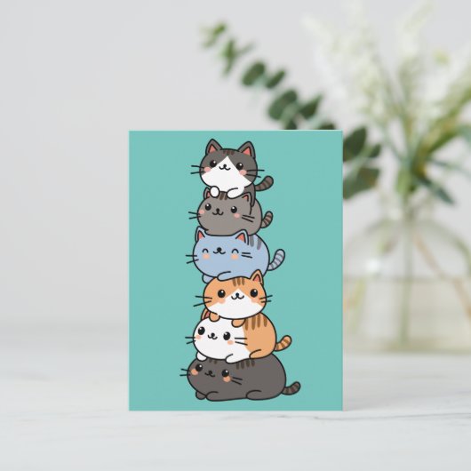 Adorable Kawaii Stack von Kätzchen Postkarte (Stehend Vorderseite)
