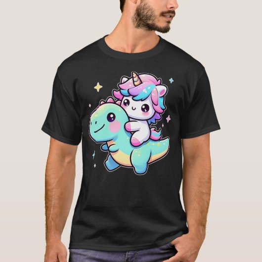 Adorable Kawaii Unicorn Rides Dinosaur T-Shirt (Vorderseite)