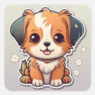 Adorable Kawaii Welpensticker Quadratischer Aufkleber