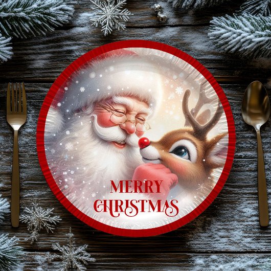 Adorable Kids Santa and Rudolph Holiday Plates Pappteller