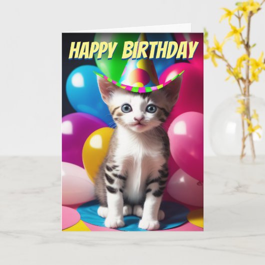 Adorable Kitten Birthday Ballon Bash Karte (Gelbe Blume)