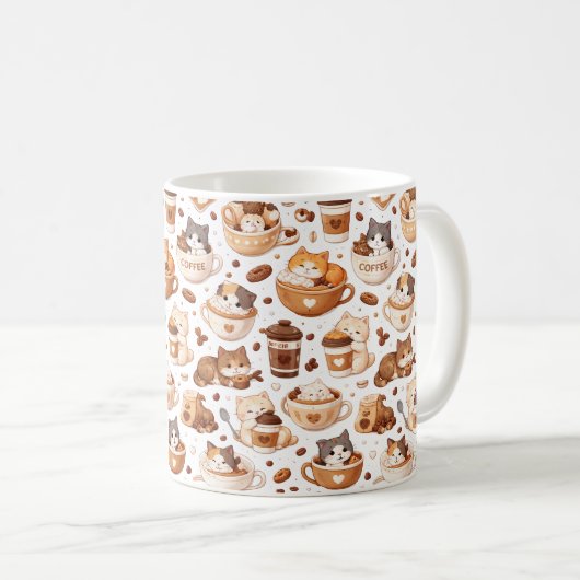 Adorable Kitten & Coffee Pattern Mug  Kaffeetasse (VorderseiteRechts)