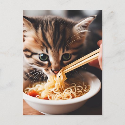 Adorable Kitten Eating Ramen Noodles Postkarte (Vorderseite)