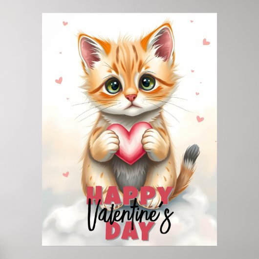 Adorable Kitten Holding rosa Herz Valentinstag Poster (Vorne)