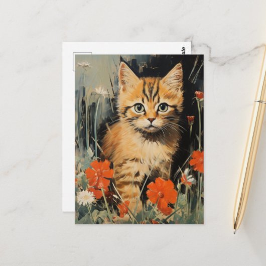 Adorable Kitten in Blume Vintage Malerei Postkarte (Vorderseite/Rückseite Beispiel)