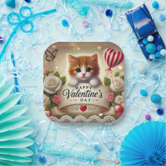 Adorable Kitten mit Rose, Kerzen und Herz Pappteller (Party)