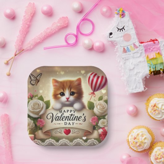 Adorable Kitten mit Rose, Kerzen und Herz Pappteller (Party)