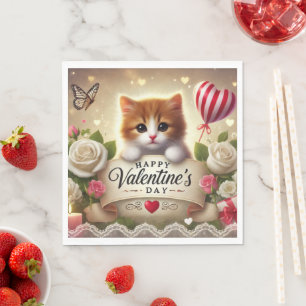 Adorable Kitten mit Rose, Kerzen und Herz Serviette