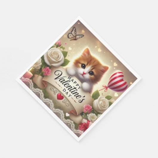 Adorable Kitten mit Rose, Kerzen und Herz Serviette (Ecke)