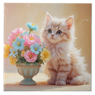 Adorable Kitty mit Bouquet von Blume Fliese