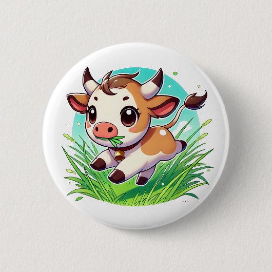 Adorable Kuh, die durch ein Feld läuft Button (Vorderseite)