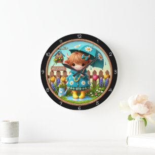 Adorable Kuh im Regen-Kinderuhr Große Wanduhr