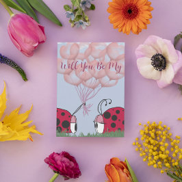 Adorable Ladybug mit Hübschem rosa Ballon Bouquet Feiertagskarte