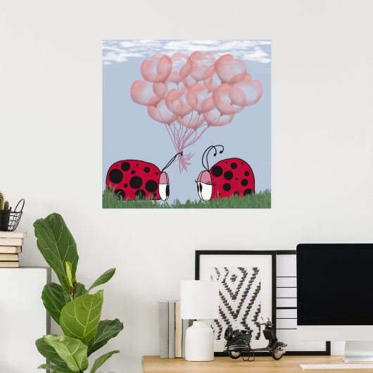 Adorable Ladybug mit Hübschem rosa Ballon Bouquet Poster (Heimbüro)