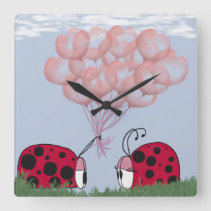 Adorable Ladybug mit Hübschem rosa Ballon Bouquet Quadratische Wanduhr