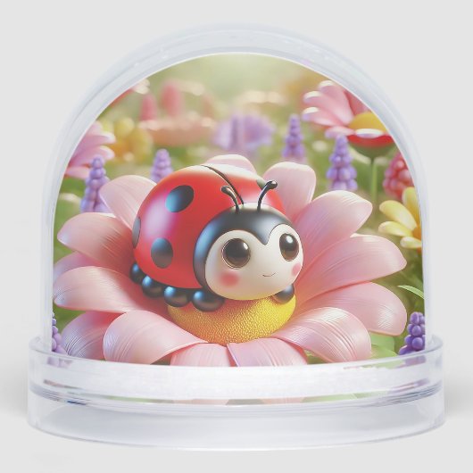 Adorable Ladybug sitzt auf rosa Blume Schneekugeln (Vorderseite)