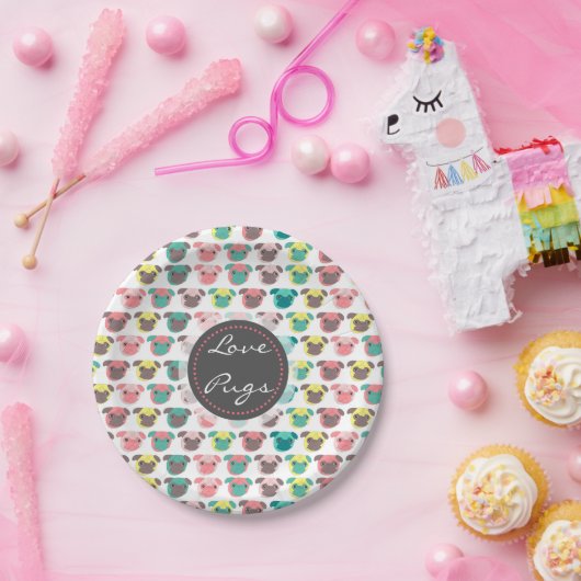 Adorable "Liebe Möpsen" farbige Möpsen Veranschaul Pappteller (Party)