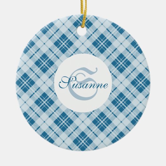Adorable Light Blue Weihnachtstartan Monogram Keramik Ornament (Vorne)