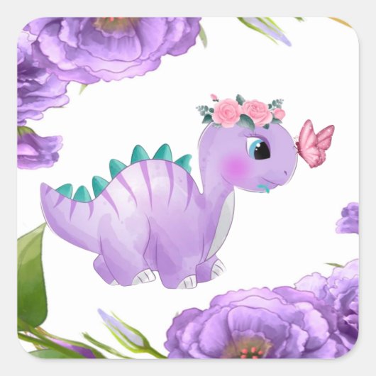 Adorable Lila Dinosaurier Blumenspülung Dusche Squ Quadratischer Aufkleber (Vorderseite)