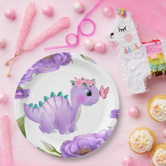 Adorable Lila Dinosaurier Blumenspülung Pappteller (Party)
