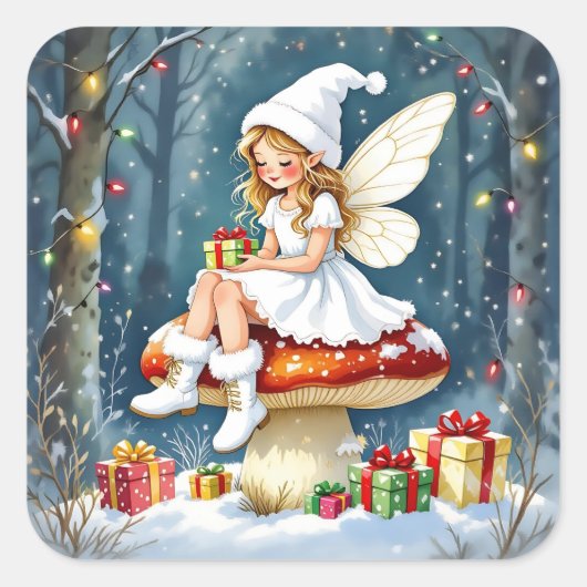 Adorable Little Christmas Fairy on Mushroom Quadratischer Aufkleber (Vorderseite)