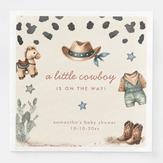 Adorable Little Cowboy ist unterwegs Baby Dusche Serviette (Vorderseite)