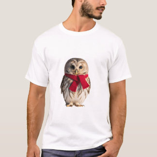 Adorable Little Owl Wearing a Red Scarf T-Shirt