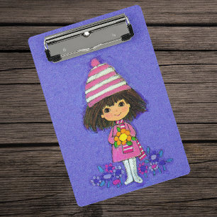 Adorable Little Vintag Girl Pink Outfit Blume Mini Klemmbrett