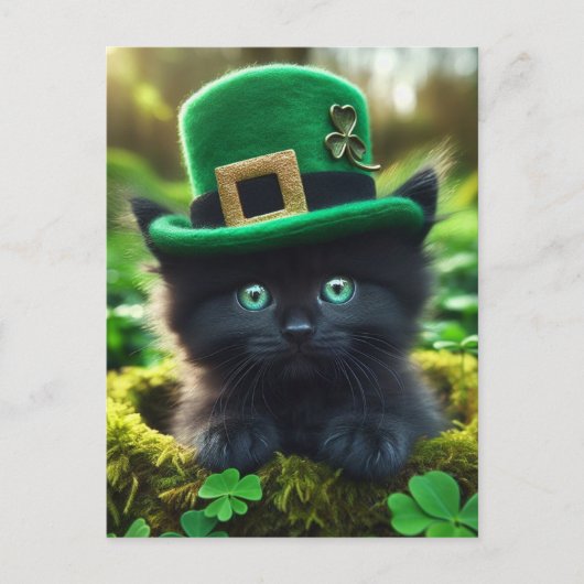 Adorable Lucky Black St. Patrick's Day Kitten Postkarte (Vorderseite)