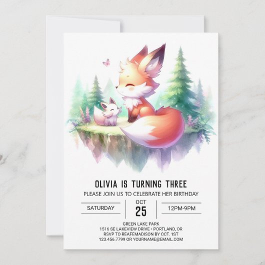 Adorable Magical Fox Geburtstag digital Einladung (Vorderseite)
