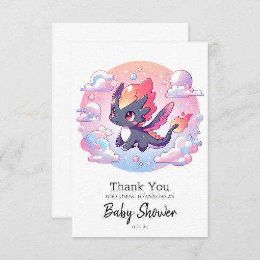 Adorable Mairytale Dragon Baby Dusche Dankeskarte (Vorne/Hinten)