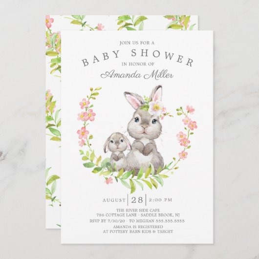 Adorable Mama & Baby Bunny Girls Babydusche Einladung (Vorne/Hinten)