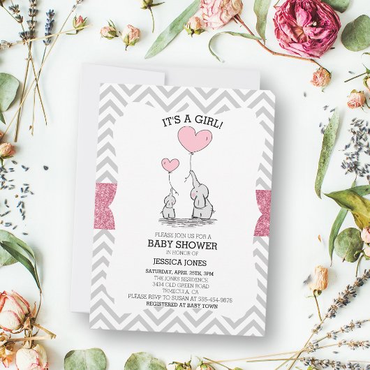 Adorable Mama & Baby Pink Elephants Babydusche Einladung