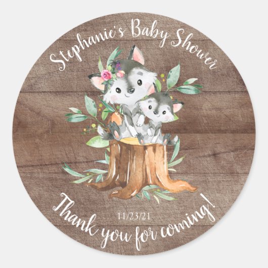 Adorable Mama & Baby Wolf Baby Shower Gefallen Runder Aufkleber (Vorderseite)