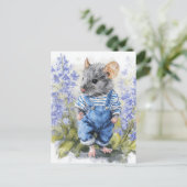 Adorable Maus in Denim in den Blume Postkarte (Stehend Vorderseite)