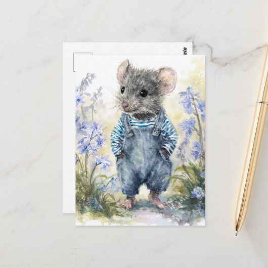 Adorable Maus in Denim Postkarte (Vorderseite/Rückseite Beispiel)