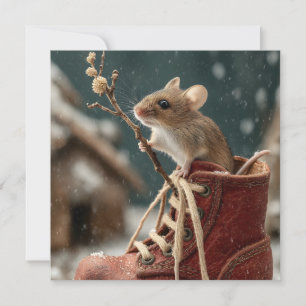 Adorable Maus in einem Miniaturboot im Schnee Feiertagskarte