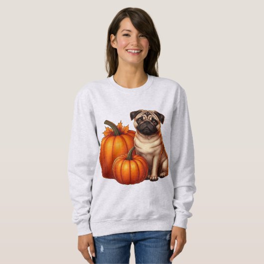 Adorable Mops mit Herbst neben Pumpkins sitzen Sweatshirt (Vorne ganz)