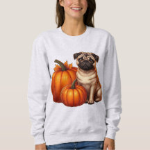 Adorable Mops mit Herbst neben Pumpkins sitzen