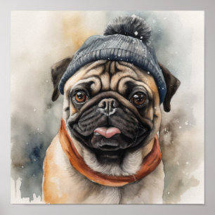 Adorable Mops mit niedlicher Mütze Poster