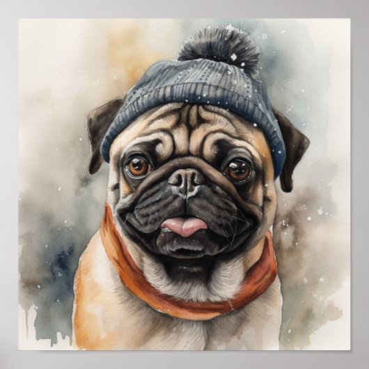 Adorable Mops mit niedlicher Mütze Poster (Vorne)