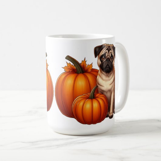Adorable Mops neben Pumpkins und Blätter sitzen Kaffeetasse (VorderseiteRechts)