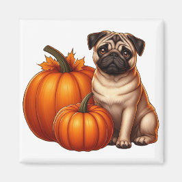 Adorable Mops neben Pumpkins und Blätter sitzen Magnet