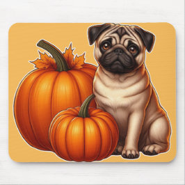 Adorable Mops neben Pumpkins und Blätter sitzen Mousepad