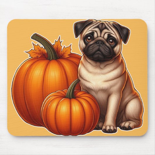 Adorable Mops neben Pumpkins und Blätter sitzen Mousepad (Vorne)