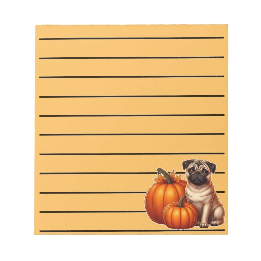 Adorable Mops neben Pumpkins und Blätter sitzen Notizblock (Vorderseite)