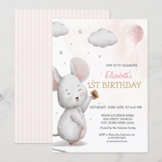 Adorable Mouse Ballon gestreift Geburtstag Einladung