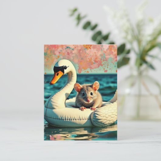 Adorable Mouse on a Swan Float Postkarte (Stehend Vorderseite)